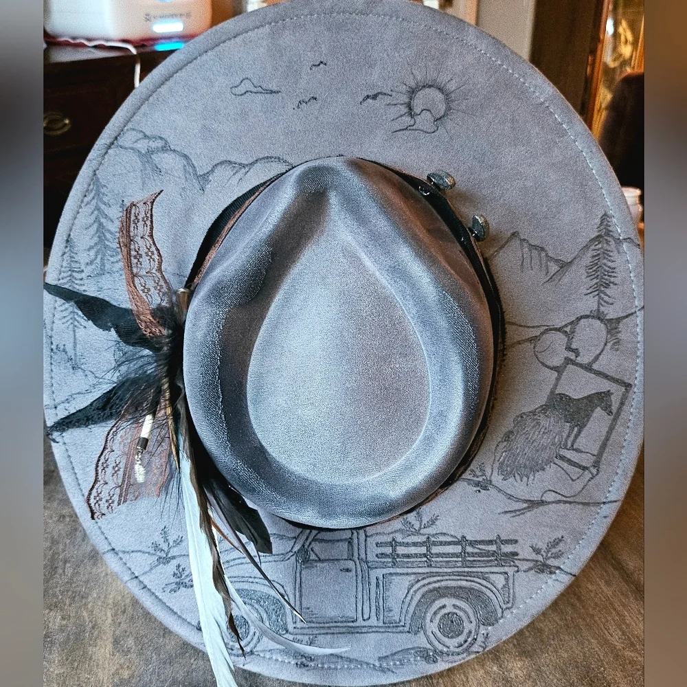 NWT Gray Western Fedora Cowboy Hat with Feather Hat Pin